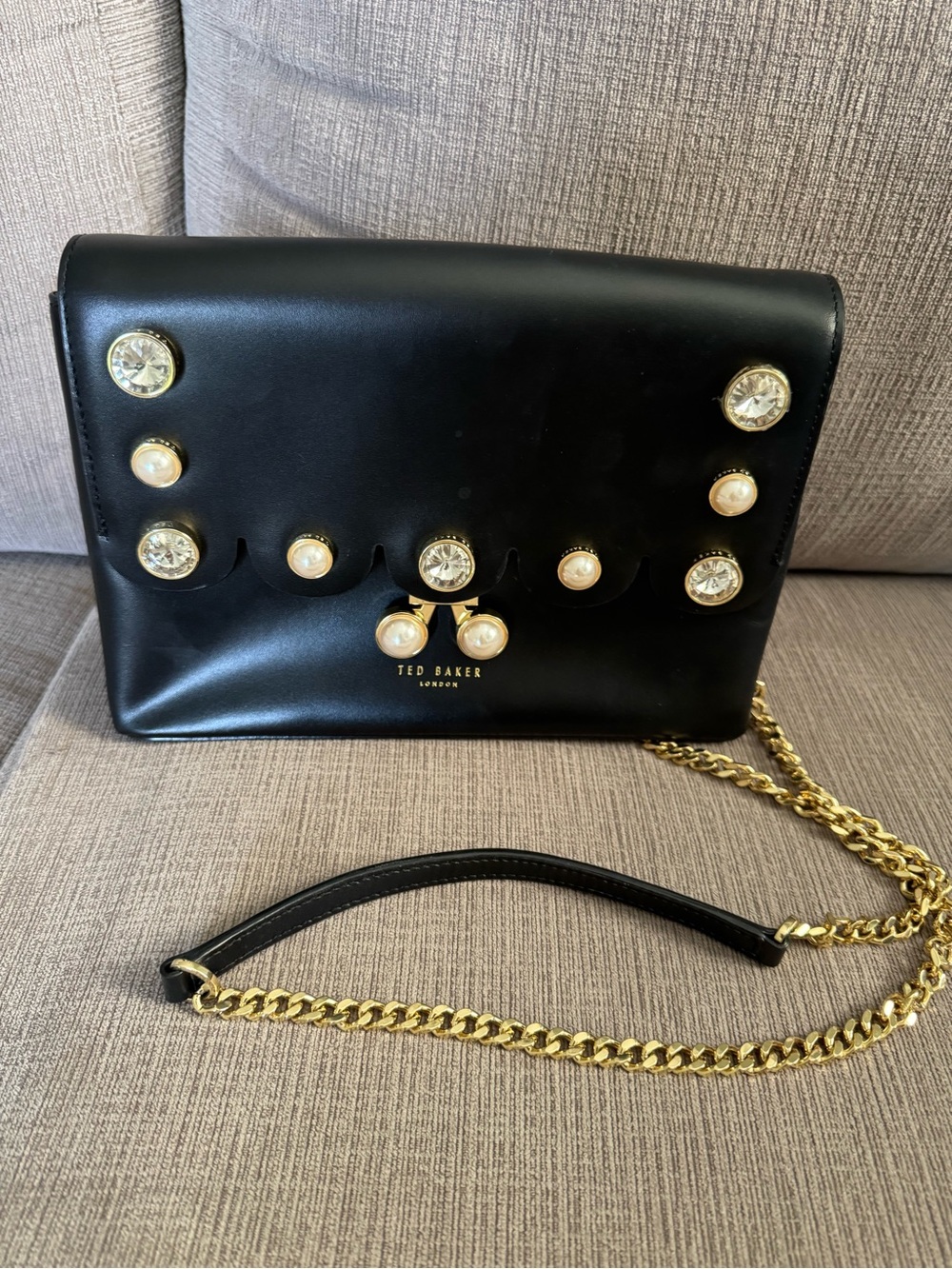 Ted Baker Saraa Black Pearl-Embellished faux Leather Shoulder Bag. EUC.
